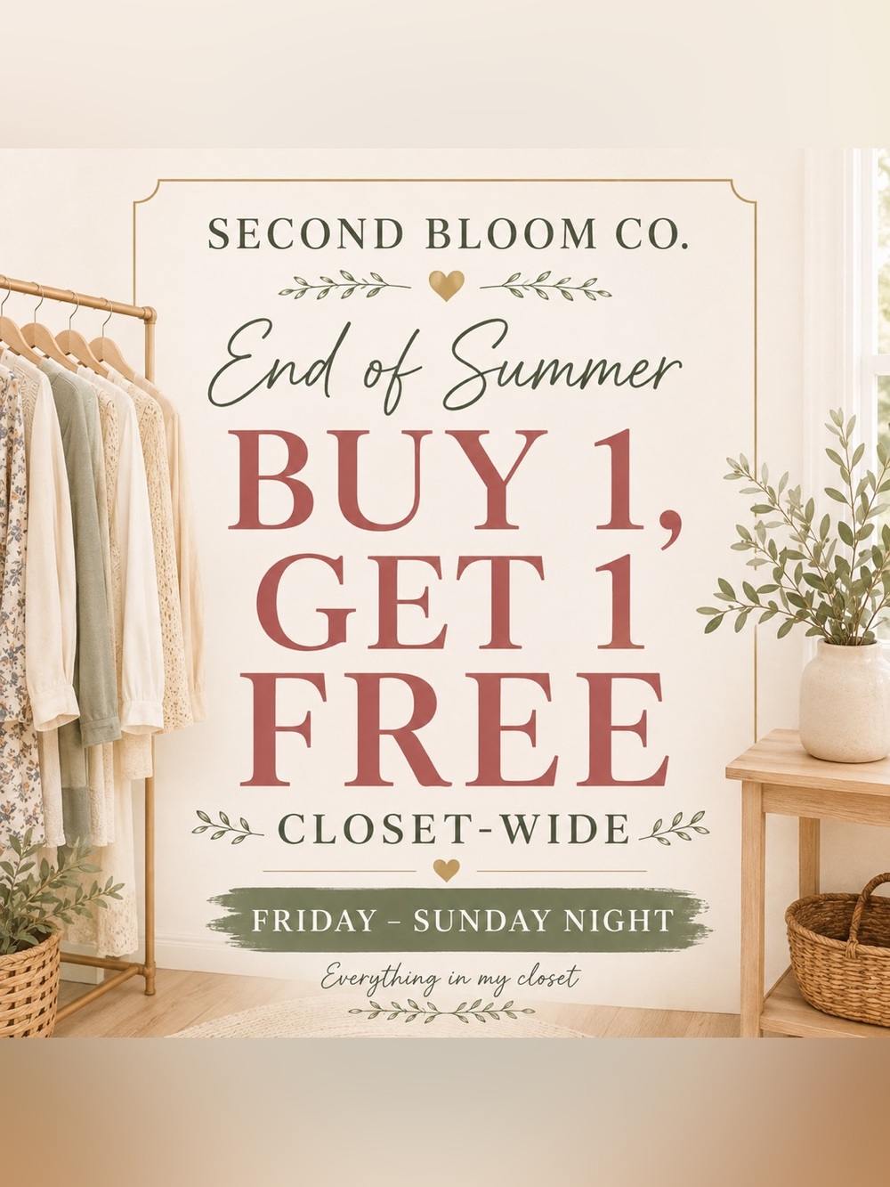 END OF SUMMER SALE 🌿 BUY 1, GET 1 FREE — CLOSET-WIDE!